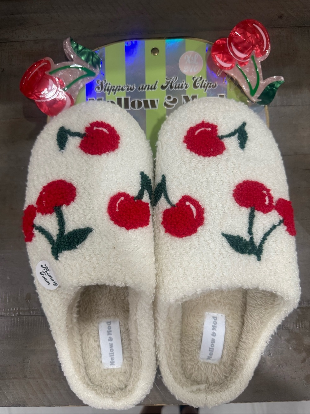 Mellow & Me Cream Cherry Fuzzy Slippers for Women